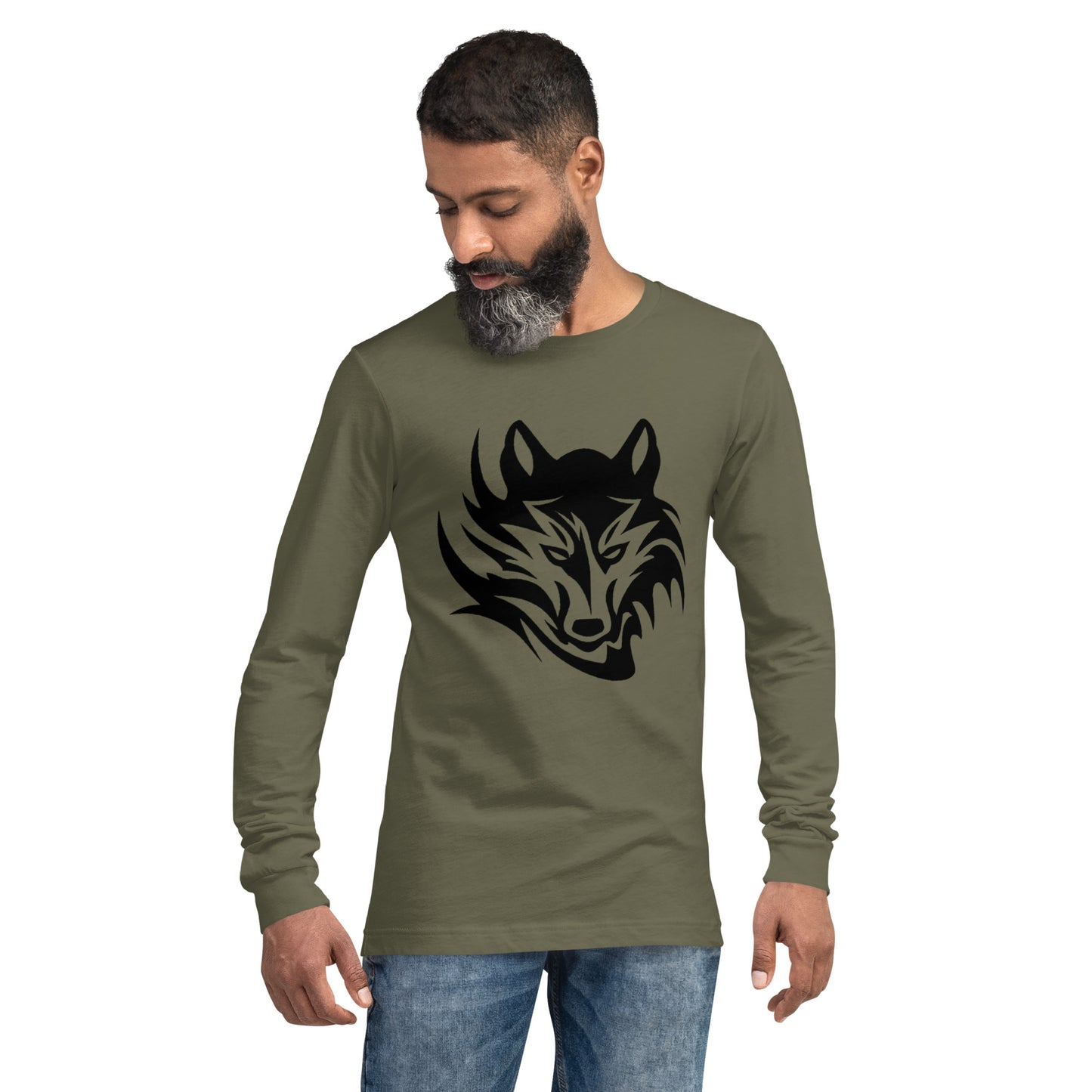 Unisex Long Sleeve T-Shirt Tribal Wolf BK | Multiple Colors | Bella + Canvas