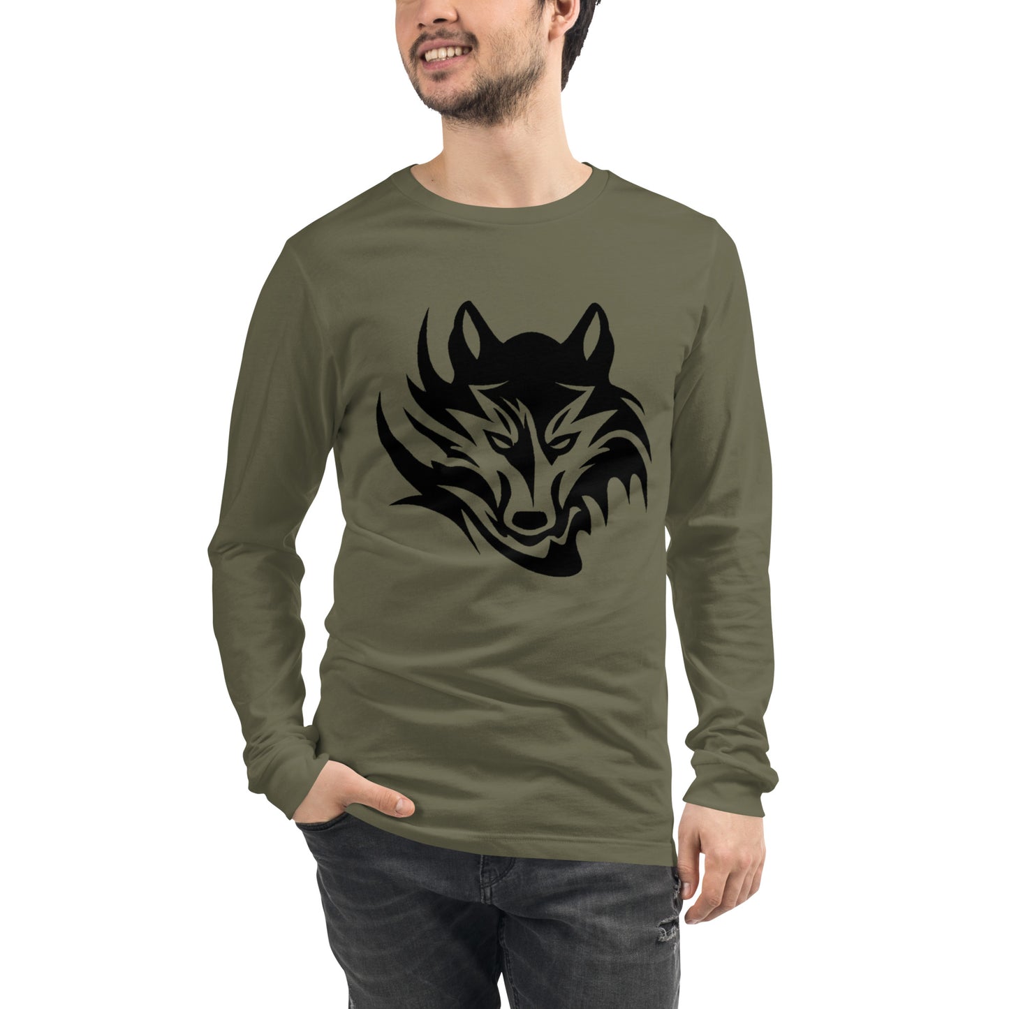 Unisex Long Sleeve T-Shirt Tribal Wolf BK | Multiple Colors | Bella + Canvas