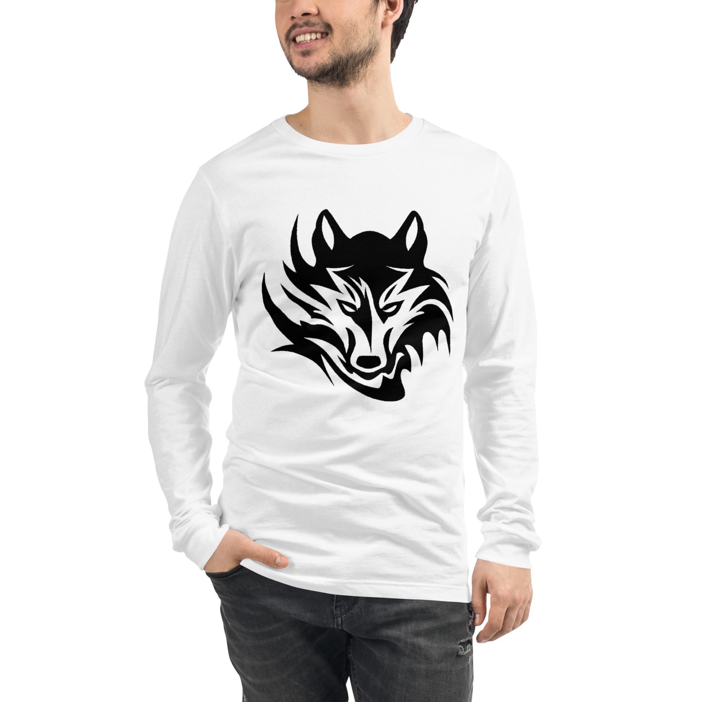 Unisex Long Sleeve T-Shirt Tribal Wolf BK | Multiple Colors | Bella + Canvas